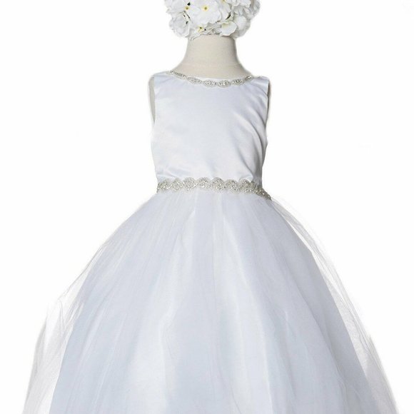 New flower girl elegant dress tulle rhinestones first communion white size 4 6 8 - Picture 1 of 1